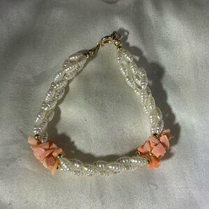 Vintage White Pearl and Pink Coral Bracelet Rice Pearl Triple Strand 7" Bracelet